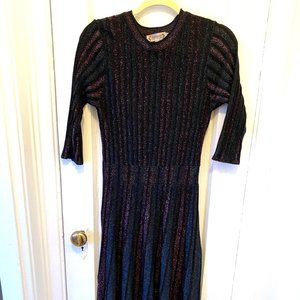 Nanette Lepore Fit & Flare Metallic Knit Pleated dress 3/4 sleeves